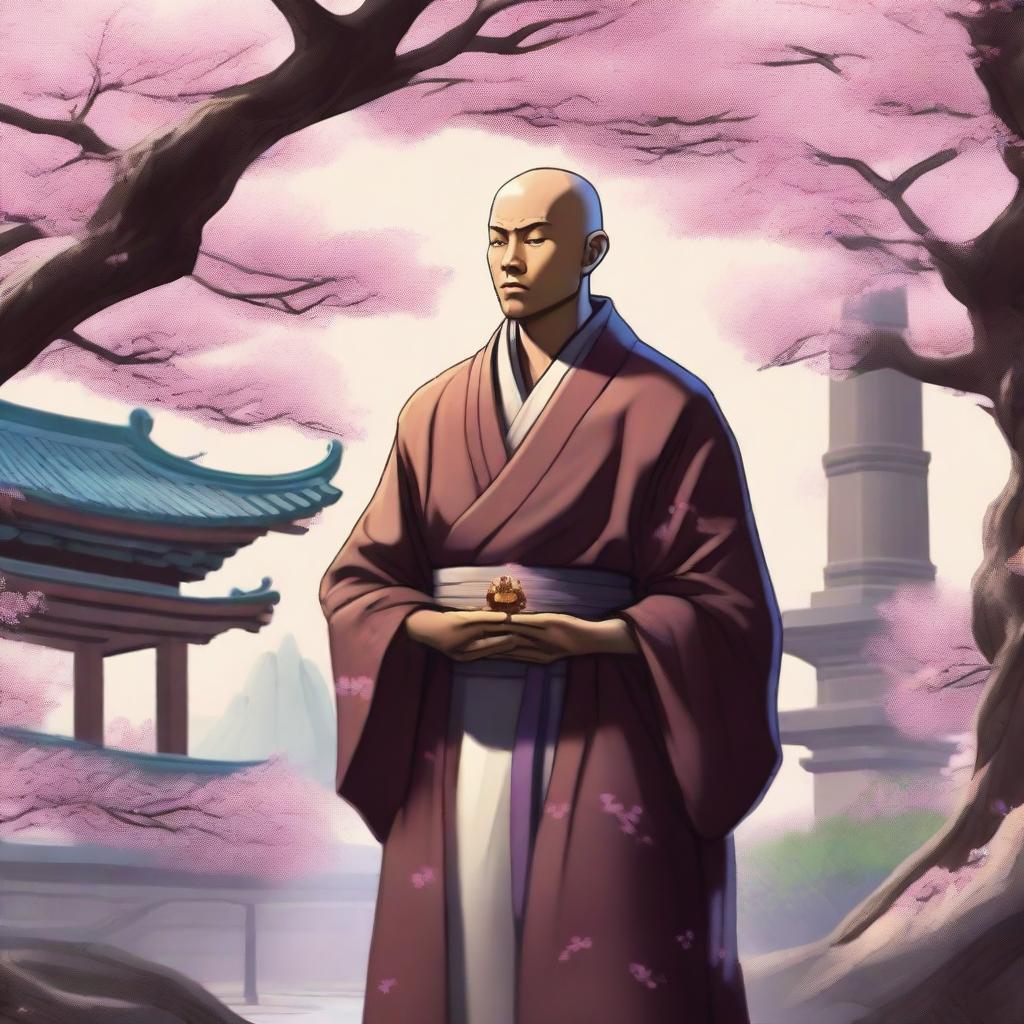 A male human monk character from Dungeons & Dragons, wearing traditional monk robes with a serene expression, standing in a meditative pose, with a mystical aura around him