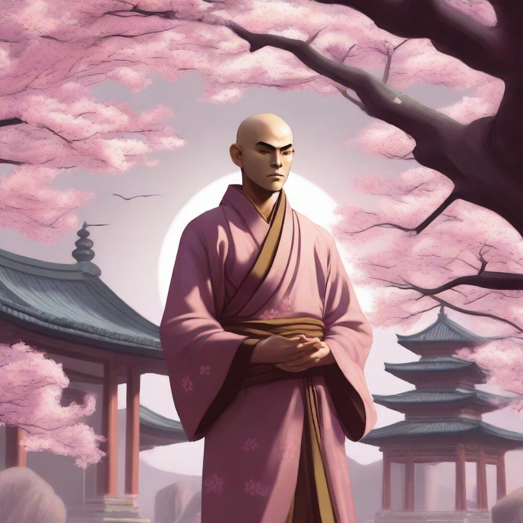 A male human monk character from Dungeons & Dragons, wearing traditional monk robes with a serene expression, standing in a meditative pose, with a mystical aura around him