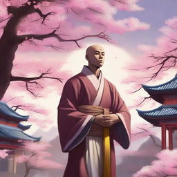 A male human monk character from Dungeons & Dragons, wearing traditional monk robes with a serene expression, standing in a meditative pose, with a mystical aura around him