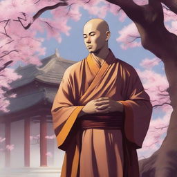 A male human monk character from Dungeons & Dragons, wearing traditional monk robes with a serene expression, standing in a meditative pose, with a mystical aura around him