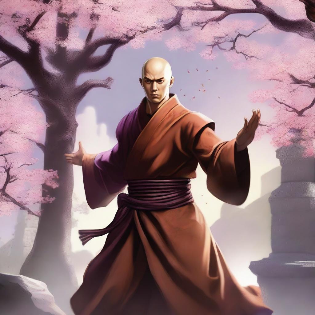 A male human monk character from Dungeons & Dragons, engaged in a dynamic fight pose