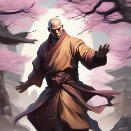 A male human monk character from Dungeons & Dragons, engaged in a dynamic fight pose