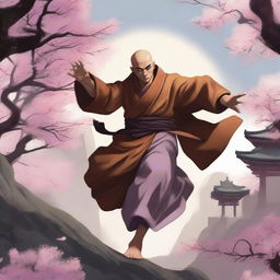 A male human monk character from Dungeons & Dragons, engaged in a dynamic fight pose