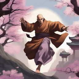 A male human monk character from Dungeons & Dragons, engaged in a dynamic fight pose