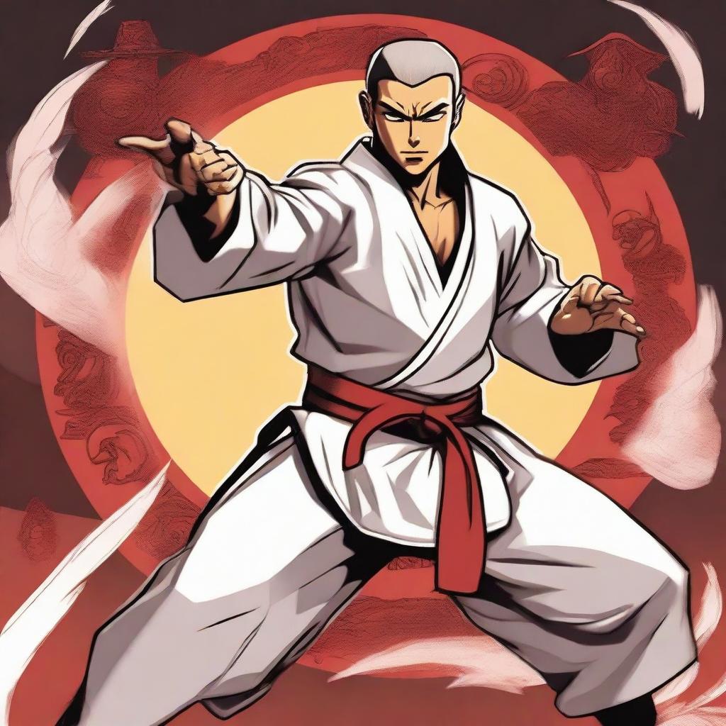 A male human karateka character from Dungeons & Dragons, dressed in traditional martial arts gi, demonstrating a powerful karate stance