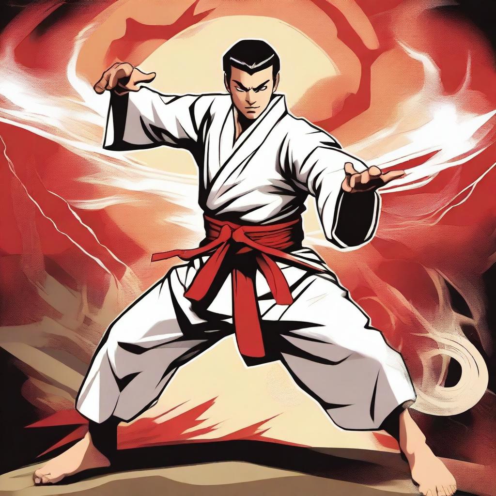 A male human karateka character from Dungeons & Dragons, dressed in traditional martial arts gi, demonstrating a powerful karate stance