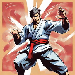 A male human karateka character from Dungeons & Dragons, dressed in traditional martial arts gi, demonstrating a powerful karate stance