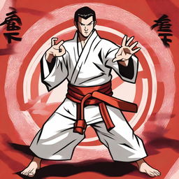 A male human karateka character from Dungeons & Dragons, dressed in traditional martial arts gi, demonstrating a powerful karate stance