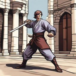 A male human character practicing medieval karate in the world of Dungeons & Dragons