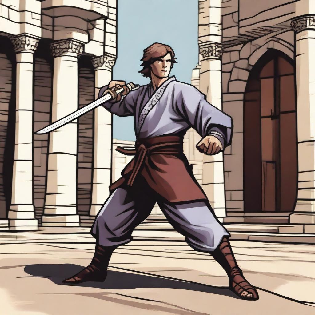 A male human character practicing medieval karate in the world of Dungeons & Dragons