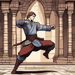 A male human character practicing medieval karate in the world of Dungeons & Dragons