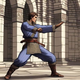 A male human character practicing medieval karate in the world of Dungeons & Dragons