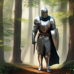 A wandering knight in shining armor walking through a dense forest