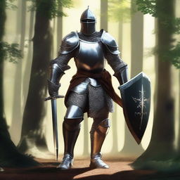 A wandering knight in shining armor walking through a dense forest