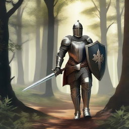 A wandering knight in shining armor walking through a dense forest