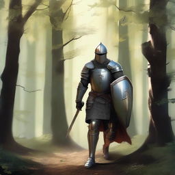 A wandering knight in shining armor walking through a dense forest