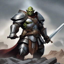 A male orc knight character from Dungeons & Dragons, clad in heavy armor with intricate designs