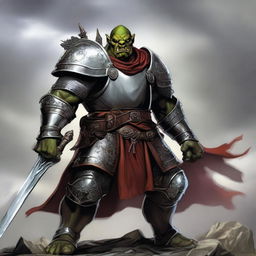 A male orc knight character from Dungeons & Dragons, clad in heavy armor with intricate designs