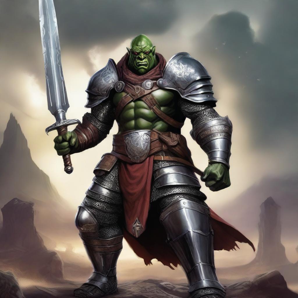 A male orc knight character from Dungeons & Dragons, clad in heavy armor with intricate designs