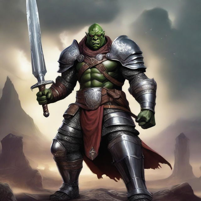 A male orc knight character from Dungeons & Dragons, clad in heavy armor with intricate designs