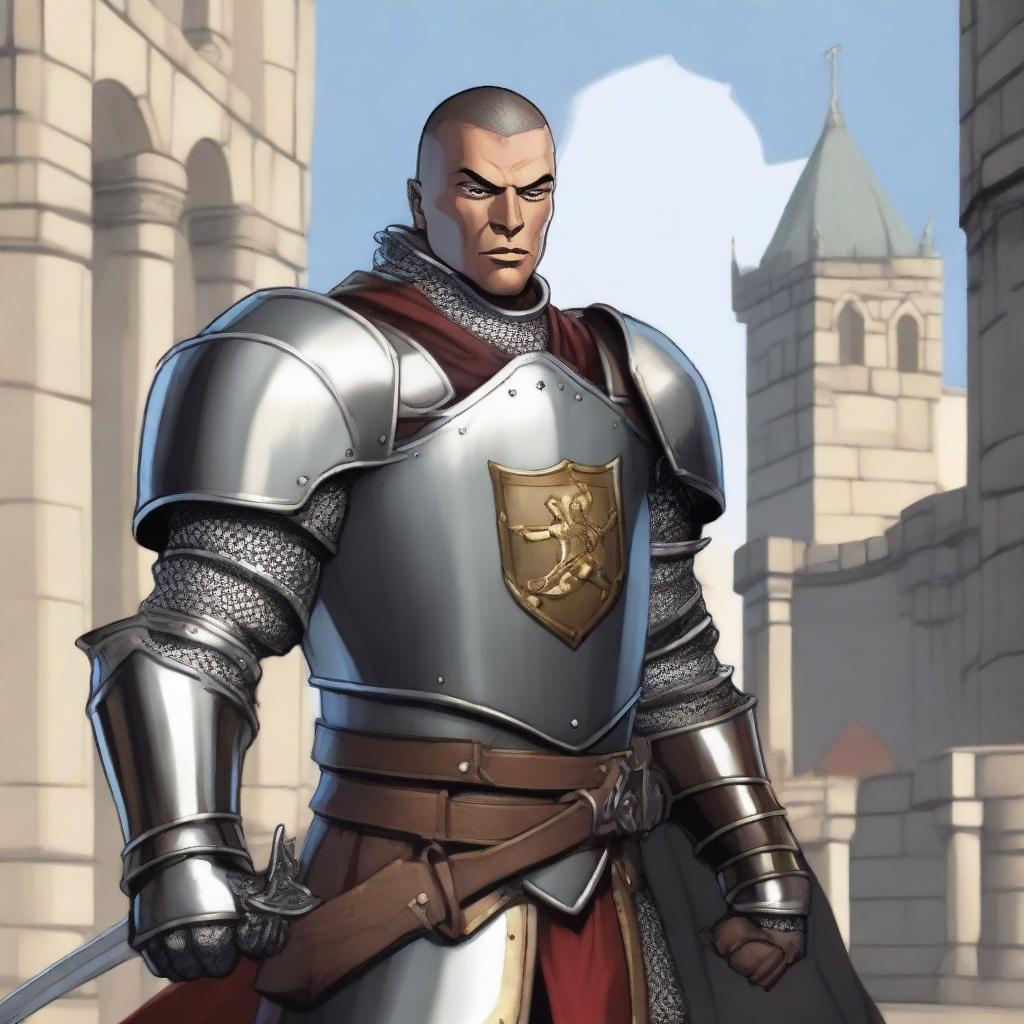 A male human knight character from Dungeons & Dragons, wearing shining plate armor with a crest on his chest