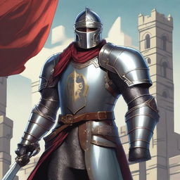 A male human knight character from Dungeons & Dragons, wearing shining plate armor with a crest on his chest