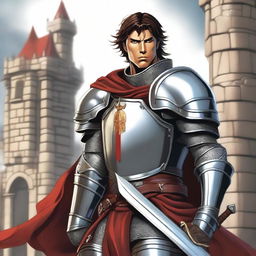 A male human knight character from Dungeons & Dragons, wearing shining plate armor with a crest on his chest