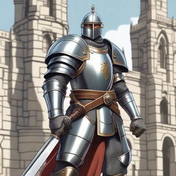 A male human knight character from Dungeons & Dragons, wearing shining plate armor with a crest on his chest