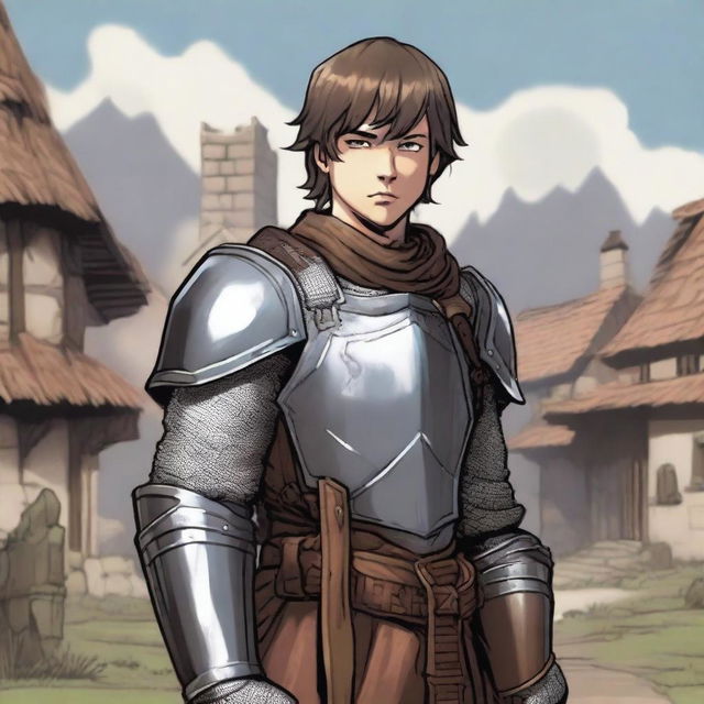 A young male human knight character from Dungeons & Dragons, wearing a mix of chainmail and leather armor