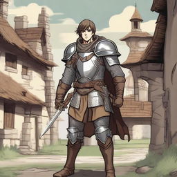 A young male human knight character from Dungeons & Dragons, wearing a mix of chainmail and leather armor