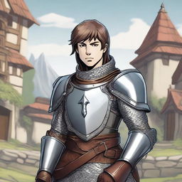 A young male human knight character from Dungeons & Dragons, wearing a mix of chainmail and leather armor