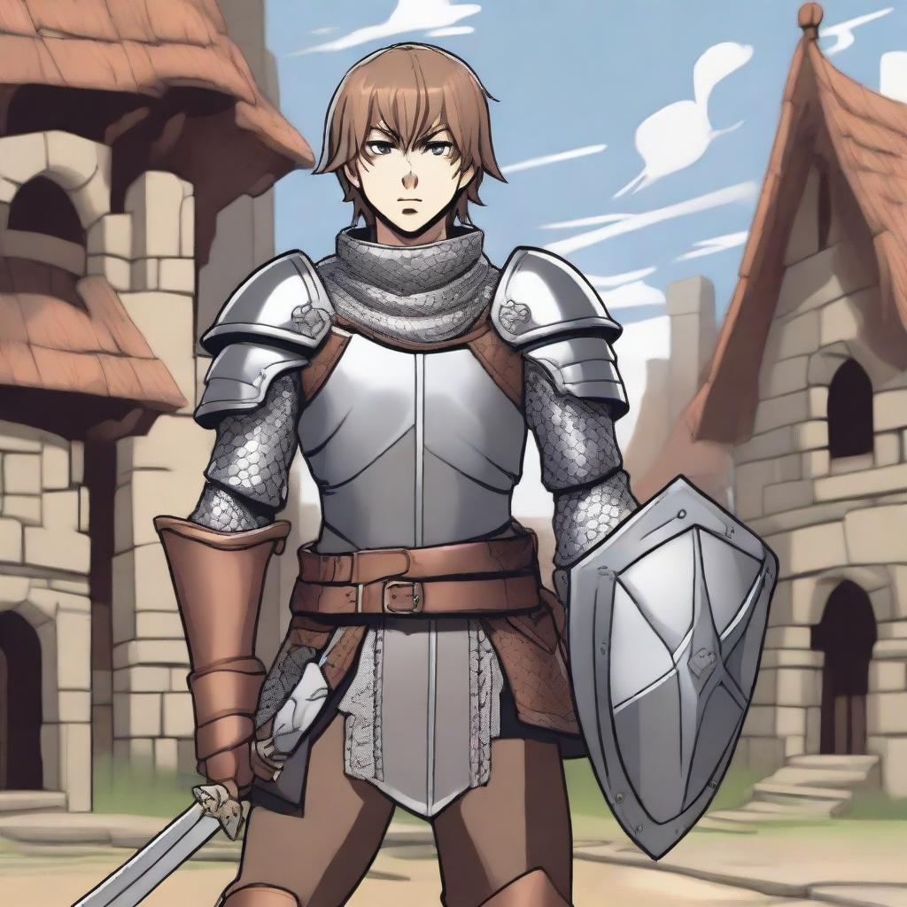 A young male human knight character from Dungeons & Dragons in anime style, wearing a mix of chainmail and leather armor