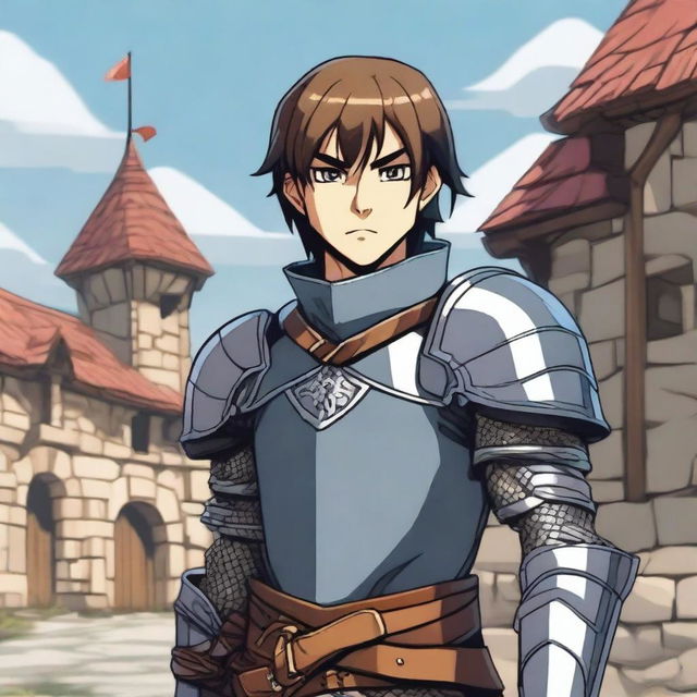 A young male human knight character from Dungeons & Dragons in anime style, wearing a mix of chainmail and leather armor