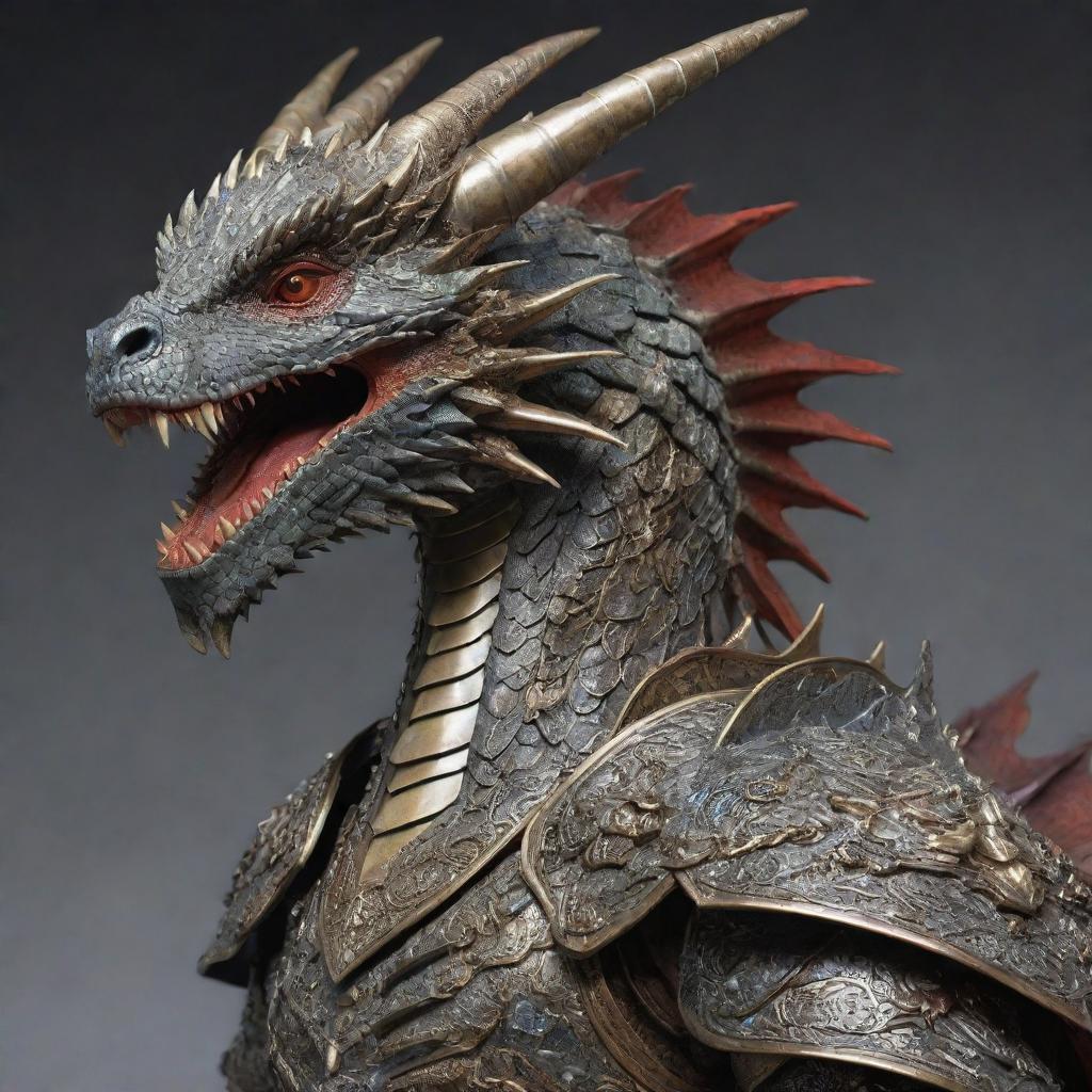 Realistic representation of imposing dragons adorned in intricate armor