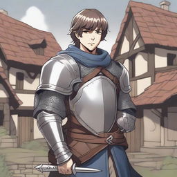 A young male human knight character from Dungeons & Dragons in anime style, wearing a mix of chainmail and leather armor