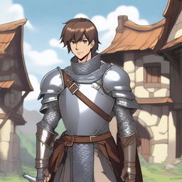 A young male human knight character from Dungeons & Dragons in anime style, wearing a mix of chainmail and leather armor