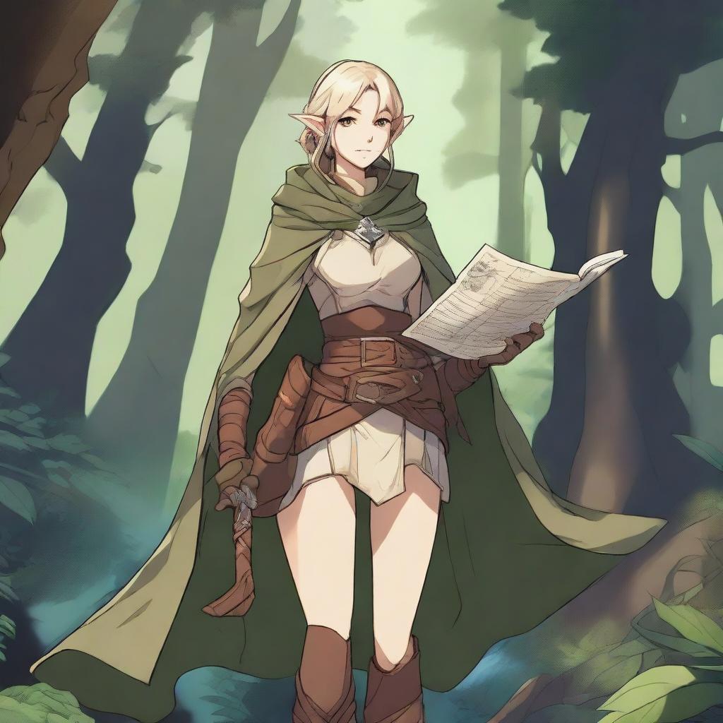 A female elf explorer character from Dungeons & Dragons in anime style, wearing light leather armor and a cloak