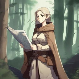 A female elf explorer character from Dungeons & Dragons in anime style, wearing light leather armor and a cloak