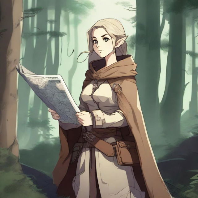 A female elf explorer character from Dungeons & Dragons in anime style, wearing light leather armor and a cloak