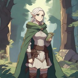 An adult female elf explorer character from Dungeons & Dragons in anime style, wearing light leather armor and a cloak