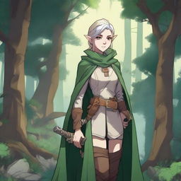 An adult female elf explorer character from Dungeons & Dragons in anime style, wearing light leather armor and a cloak