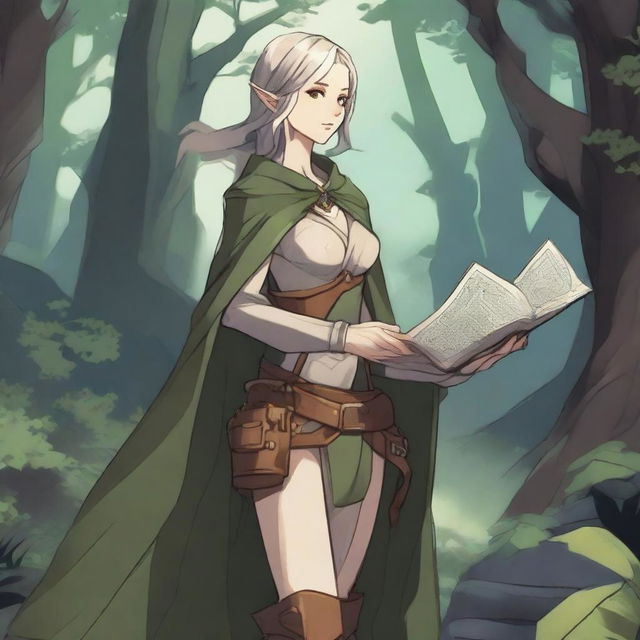 An adult female elf explorer character from Dungeons & Dragons in anime style, wearing light leather armor and a cloak