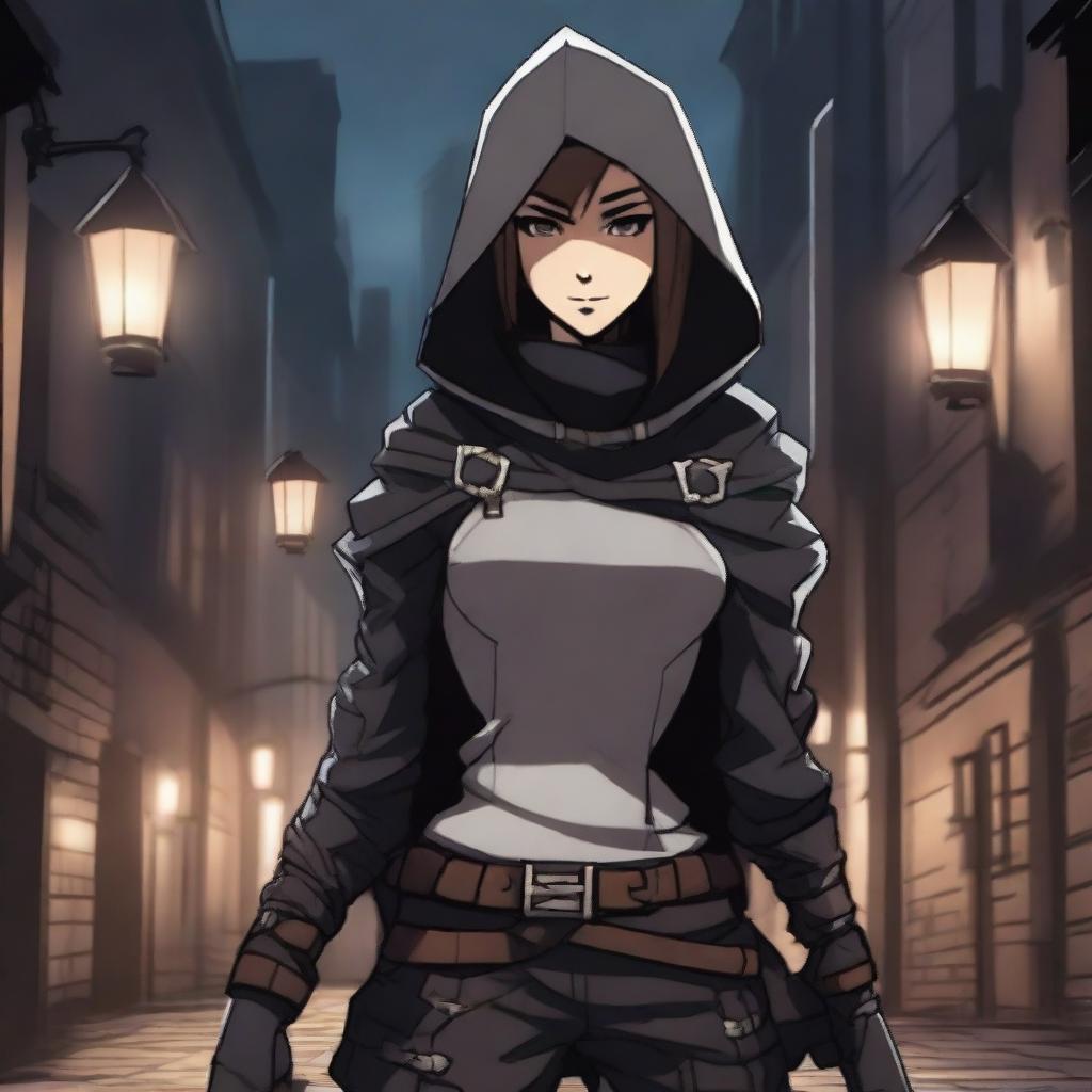 A young female human rogue character from Dungeons & Dragons in anime style, dressed in dark leather armor with a hood