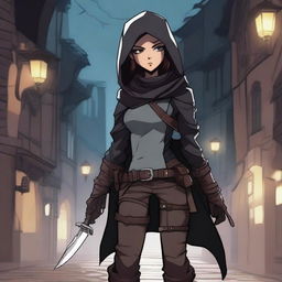 A young female human rogue character from Dungeons & Dragons in anime style, dressed in dark leather armor with a hood