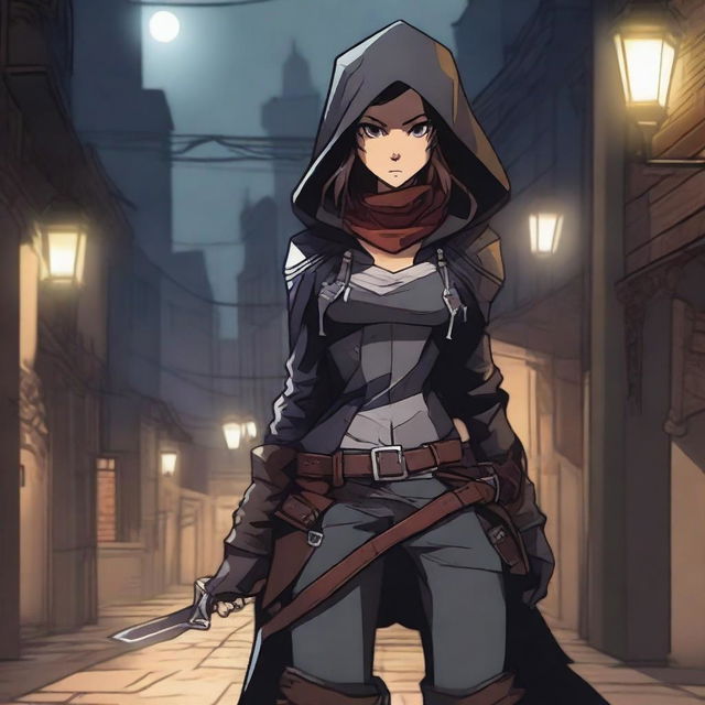 A young female human rogue character from Dungeons & Dragons in anime style, dressed in dark leather armor with a hood