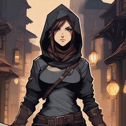 A young female human rogue character from Dungeons & Dragons in anime style, dressed in dark leather armor with a hood