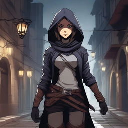 A young female human rogue character from Dungeons & Dragons in anime style, dressed in dark leather armor with a hood