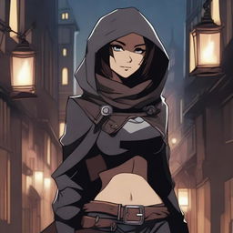 A young female human rogue character from Dungeons & Dragons in anime style, dressed in dark leather armor with a hood