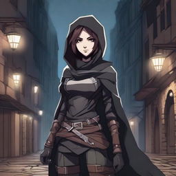 A young female human rogue character from Dungeons & Dragons in anime style, dressed in dark leather armor with a hood