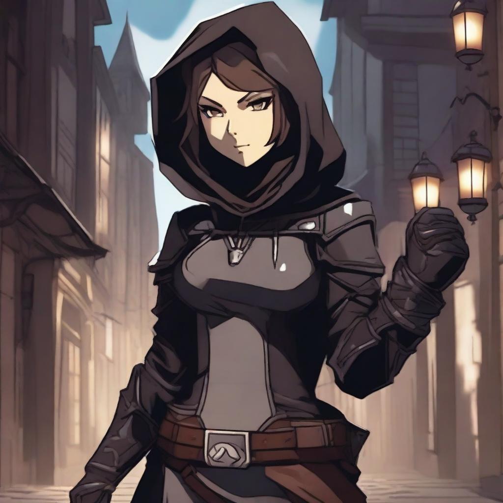 A young female human rogue character from Dungeons & Dragons in anime style, dressed in dark leather armor with a hood